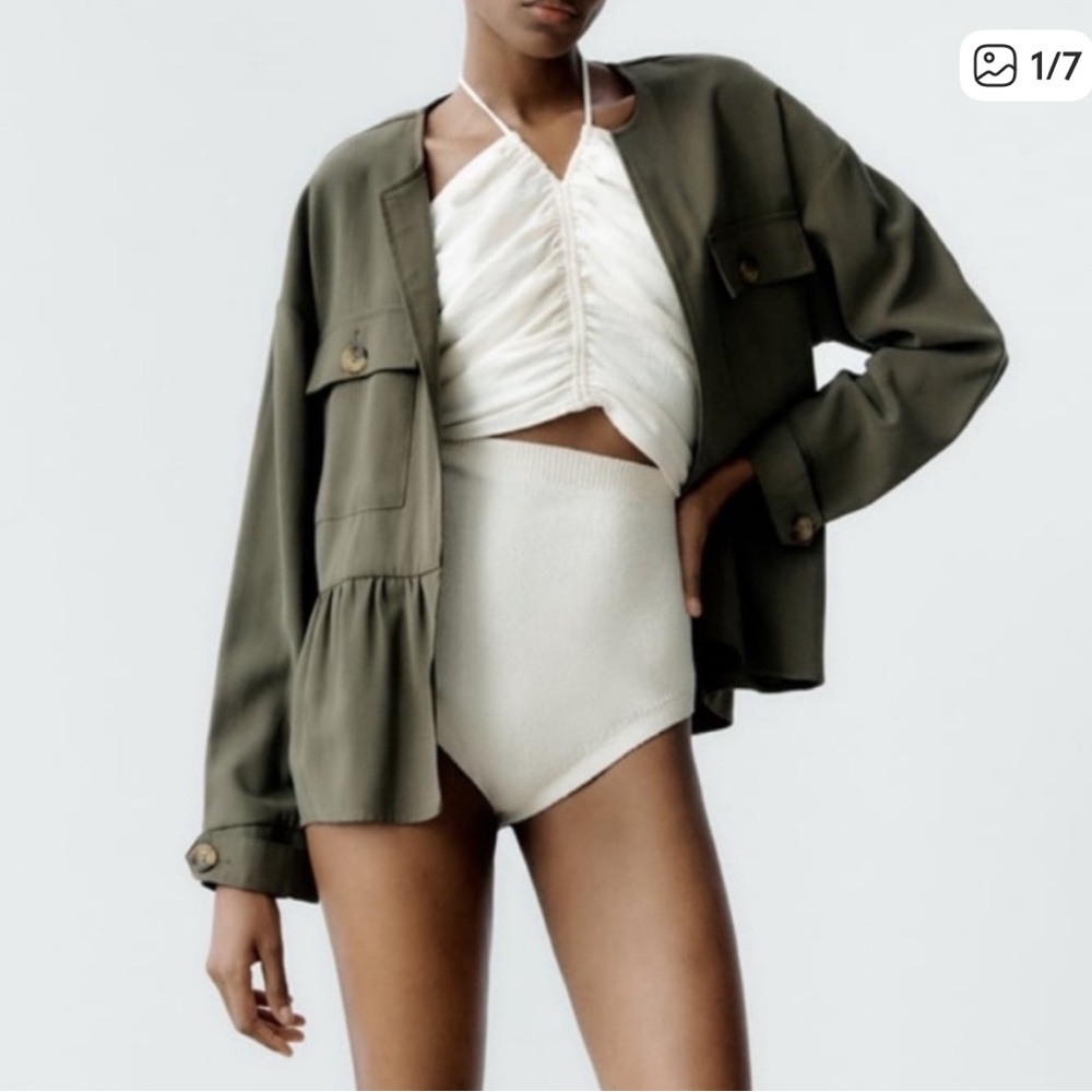 Zara Olive Green Peplum Military Jacket Open Front Cardigan Flowy Lightweight